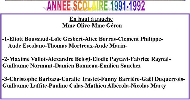 1991-1992 noms de la photo précédente